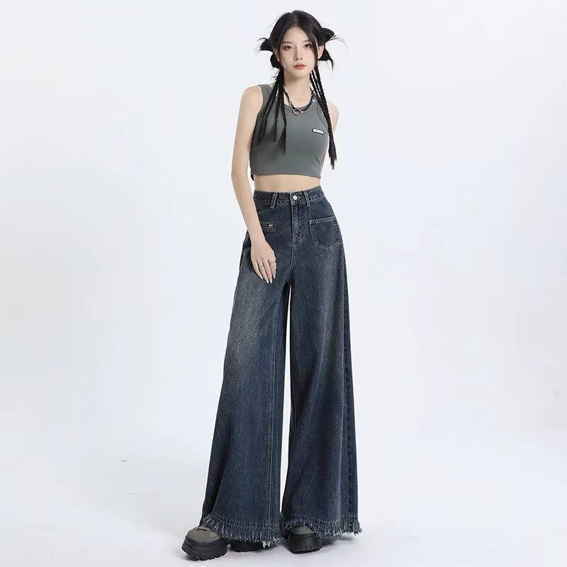 美式复古流苏毛边高腰牛仔裤女20