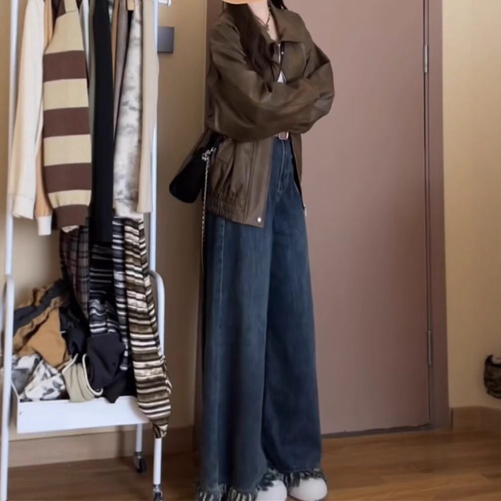 美式复古毛边流苏直筒裤子女2025