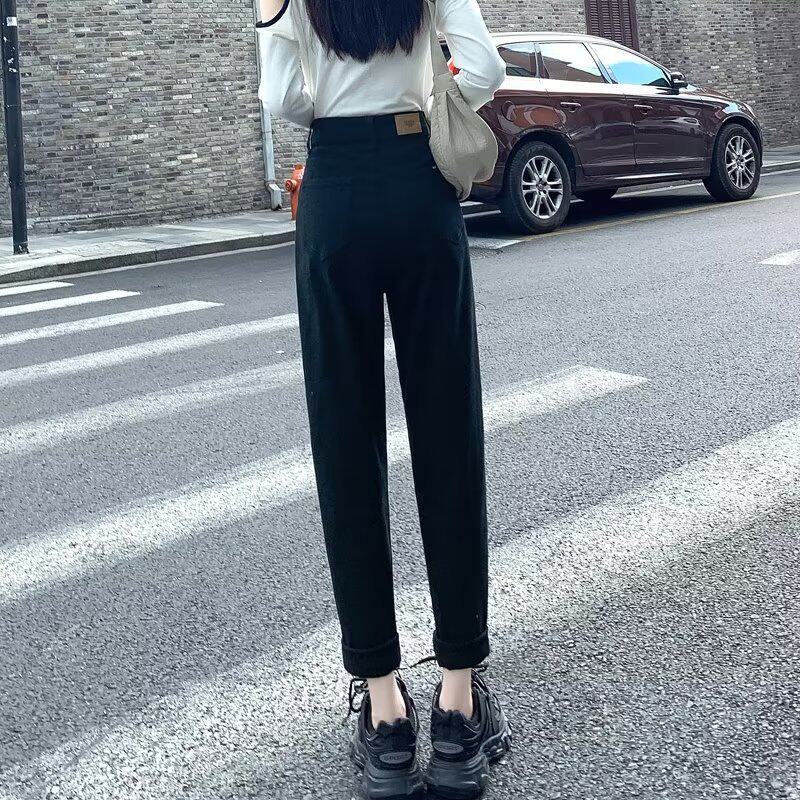 米白色哈伦牛仔裤女秋冬款加绒高
