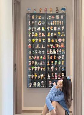 实木手办展示柜黑色盲盒展示架收纳柜泡泡玛特展示盒摆件置物架