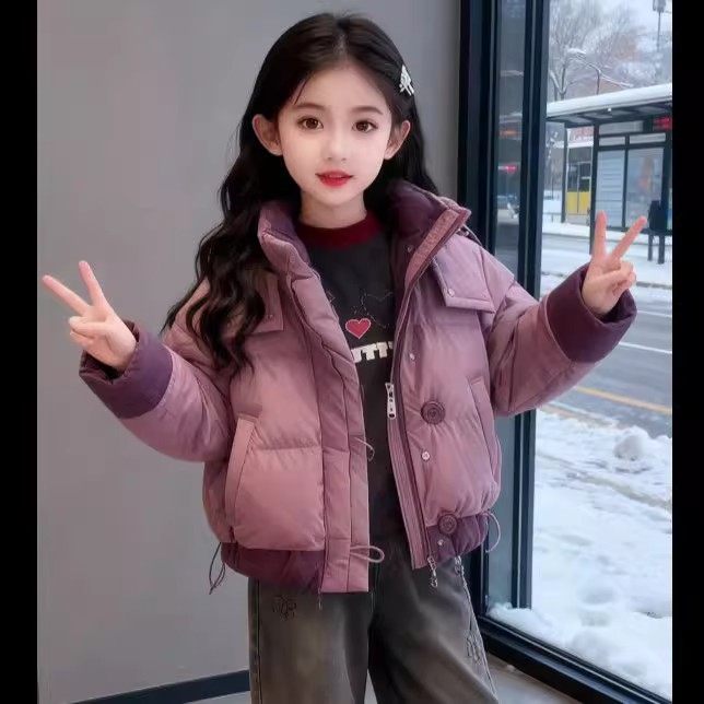 女童冬季服2025新款中小学生女孩连帽棉衣洋气短款百搭棉袄