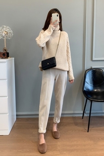 进口面料不变形不起球毛呢加厚裤子女冬季加绒烟管裤高腰锥形长裤