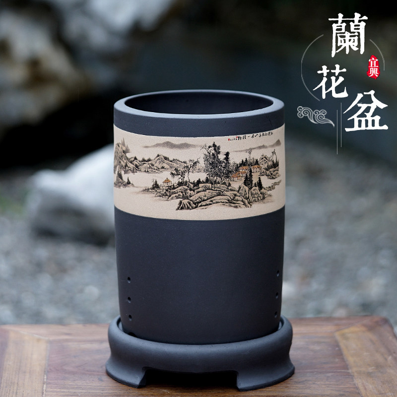 宜兴兰花室内带托盘紫砂花盆图片
