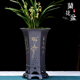 宜兴紫砂盆六方兰花盆花卉绿植物盆栽大号手工花盆盆栽盆绿萝底盘