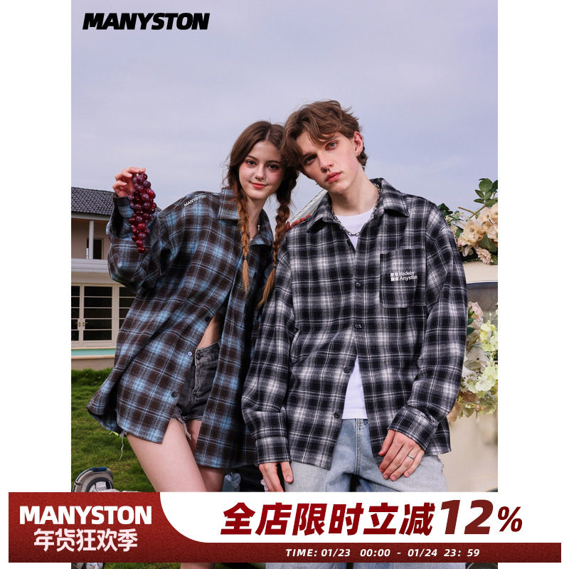 清 MANYSTON美式复古格子长袖外套衬衫男春秋季潮牌休闲宽松衬衣,男装,衬衫,淘宝优惠券,粉丝福利购,淘宝优惠卷