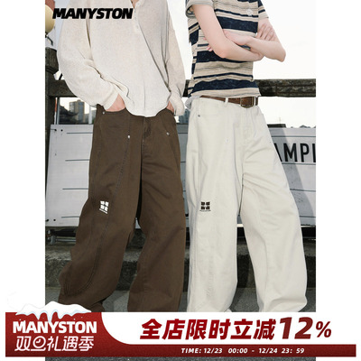 美式复古印花直筒裤子男款春秋季