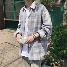 学院风薄款 防晒衫 拼色格纹衬衣 旋律风车2019小清新格子衬衫 男长袖