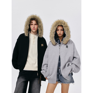 MANYSTON美式潮牌毛领连帽毛衣男款冬季情侣款宽松保暖针织衫外套