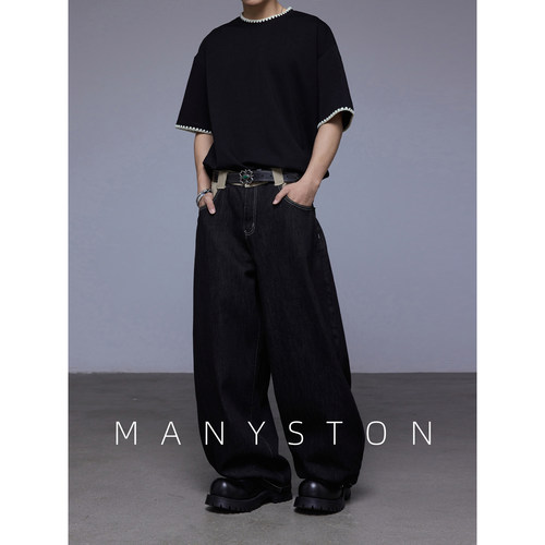 MANYSTON夏季男宽松直筒牛仔裤