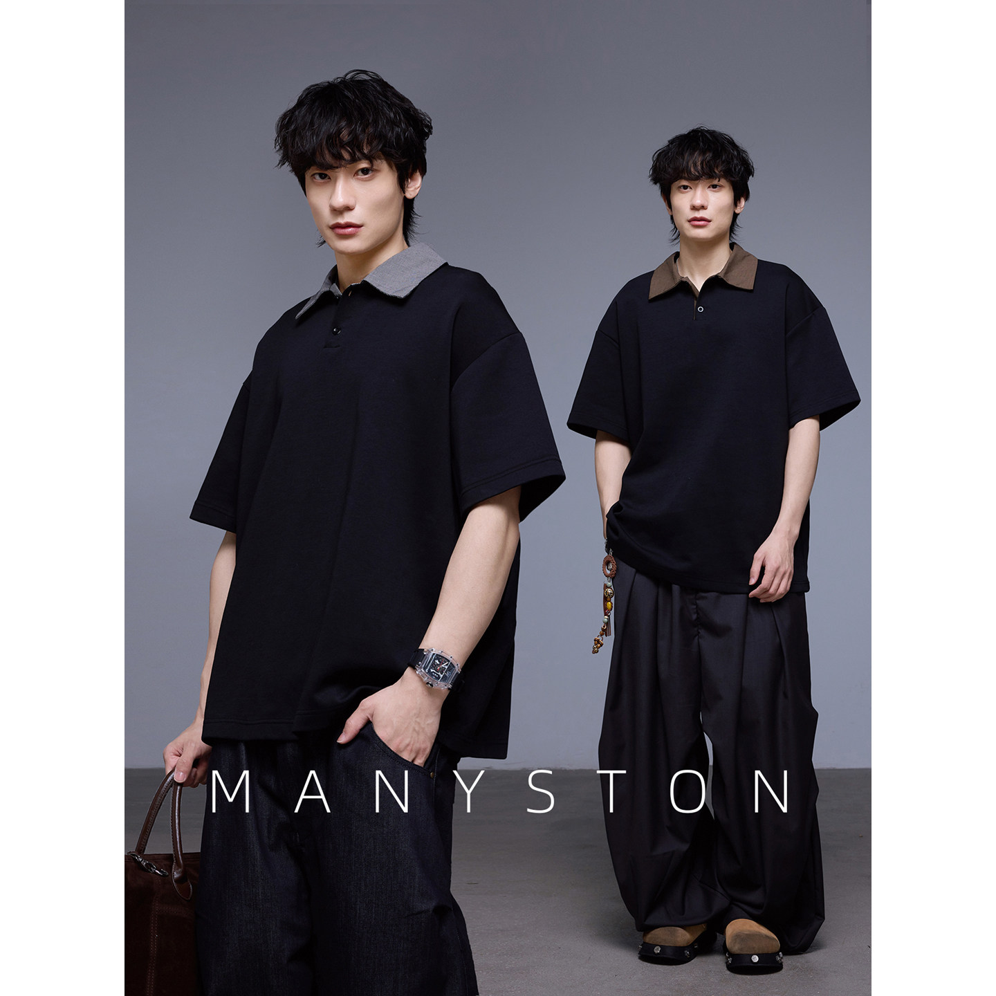 MANYSTON 美式青少年翻领短袖男生款夏季高级感潮牌老钱风半袖T恤