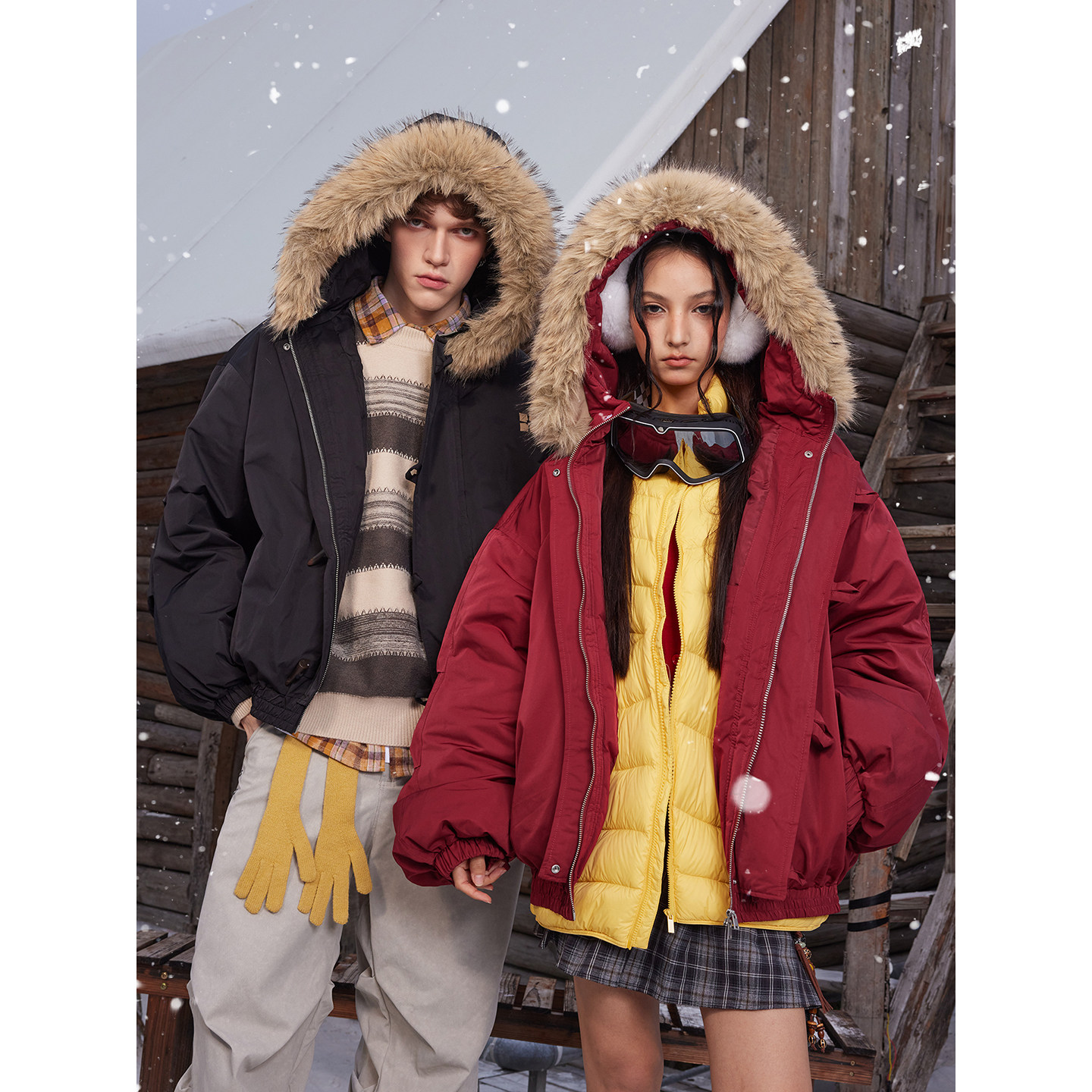 MANYSTON美式潮牌大毛领棉衣男款冬季加厚保暖情侣款连帽棉服外套