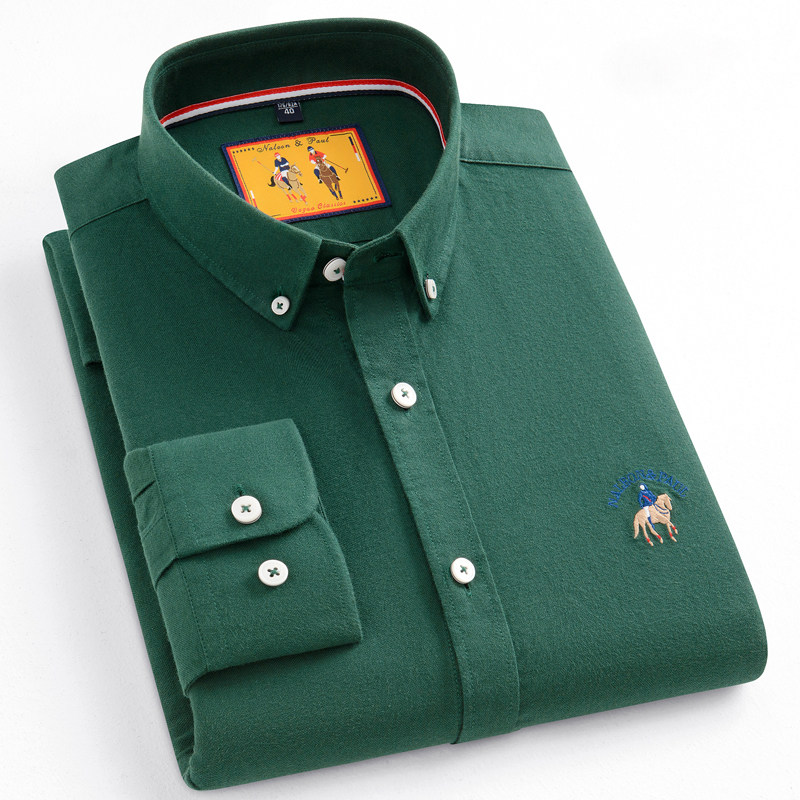 保罗春秋牛津纺纯棉磨毛长袖衬衫男士中青年百搭休闲全棉纯色衬衣