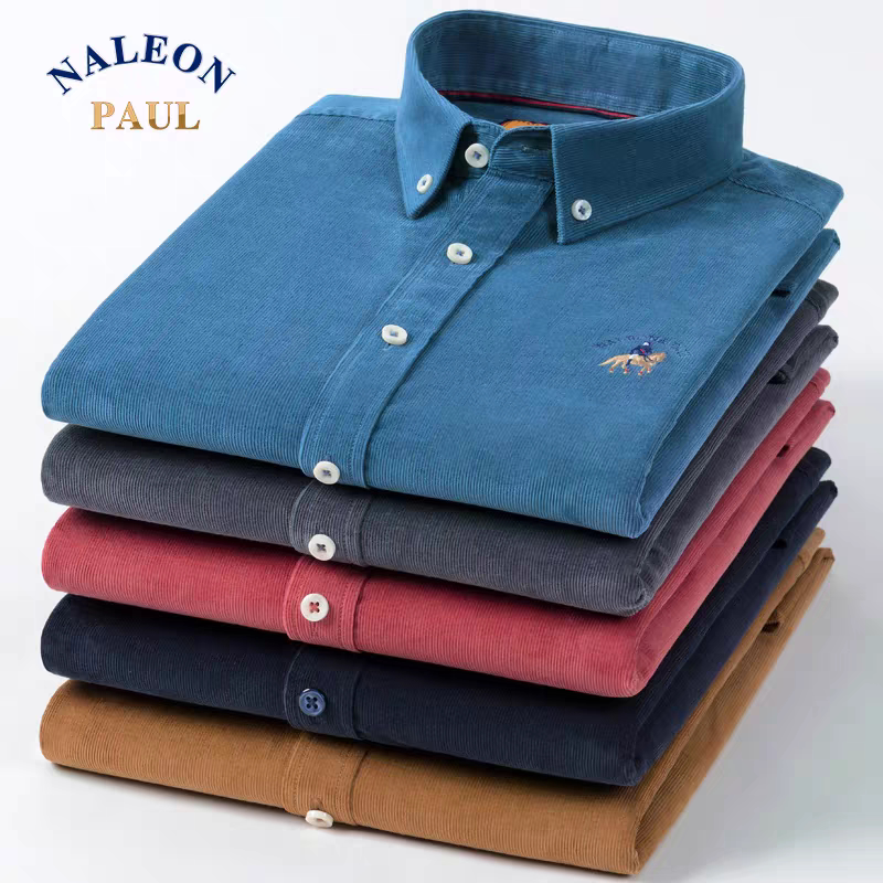 保罗灯芯绒纯棉长袖衬衫男士中青年条绒百搭时尚纯色休闲衬衣春秋