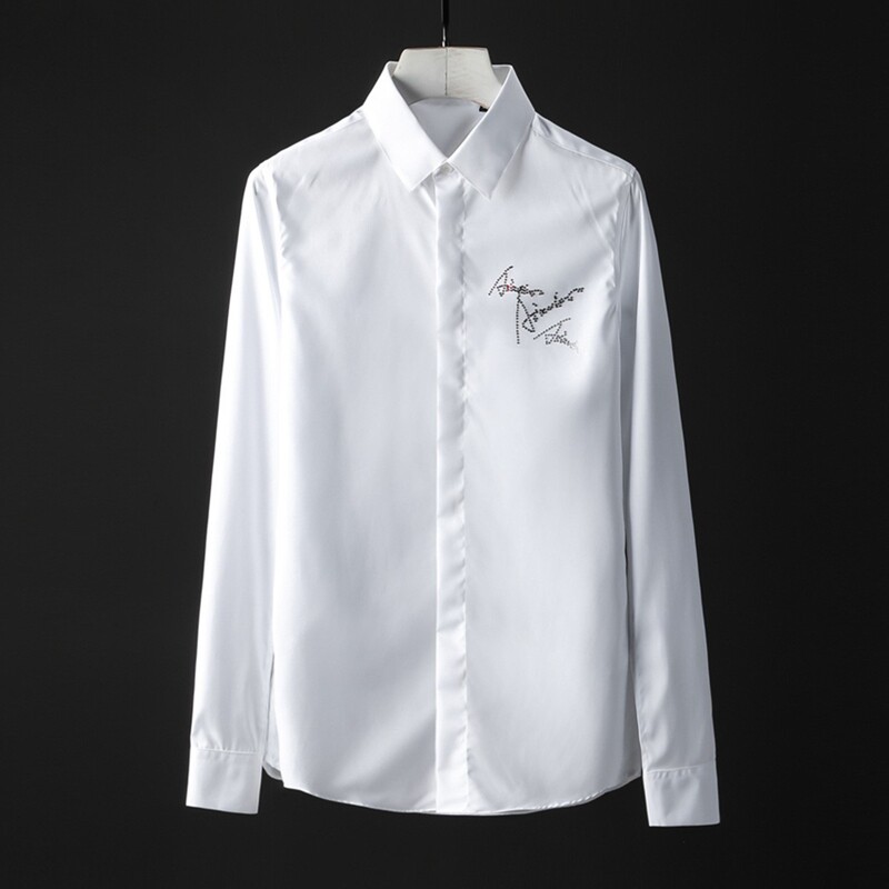 欧美时尚英文字母烫钻修身衬衫男士长袖潮流水晶钻休闲纯色白衬衣