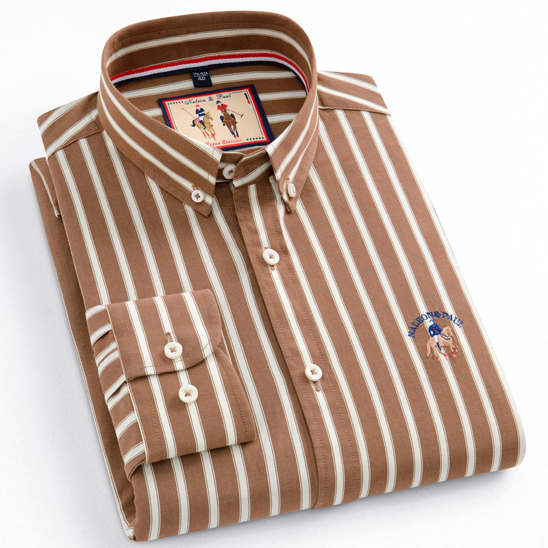 秋季新款保罗纯棉磨毛条纹衬衫男式长袖青年百搭全棉休闲衬衣上装