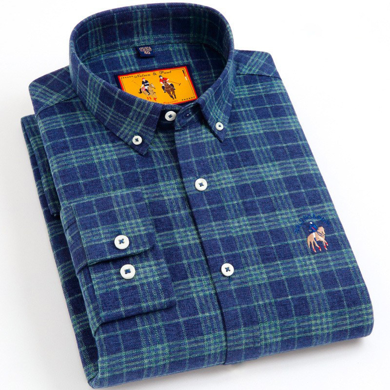 2025春季新款保罗格子纯棉衬衫男士磨毛长袖衬衣青年百搭休闲透气