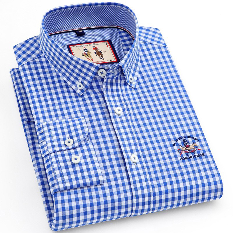 保罗长袖休闲格子衬衣纯棉薄春季