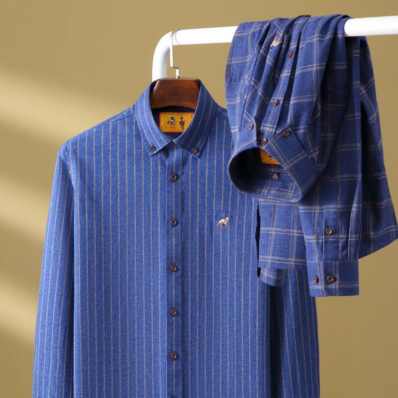 2025春季新款保罗磨毛格子衬衫男士纯棉长袖条纹衬衣百搭休闲透气
