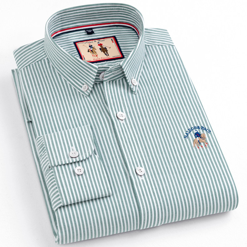 保罗纯棉牛津纺长袖衬衫男士条纹中青年商务休闲衬衣百搭全棉透气