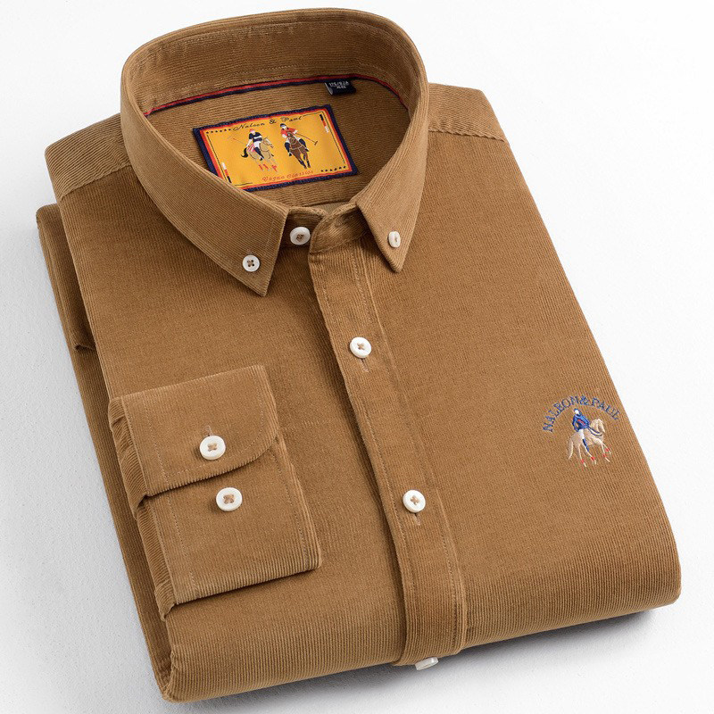 保罗灯芯绒纯棉长袖衬衫男士中青年条绒百搭时尚纯色休闲衬衣春秋