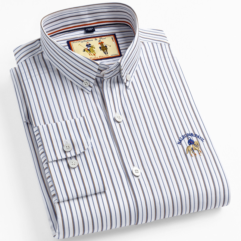 保罗纯棉长袖衬衫男士条纹百搭商务休闲衬衣春季新款时尚潮流男装