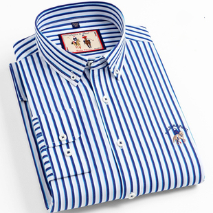 2025春秋新款保罗长袖衬衫男士条纹纯棉百搭青年休闲衬衣免烫透气