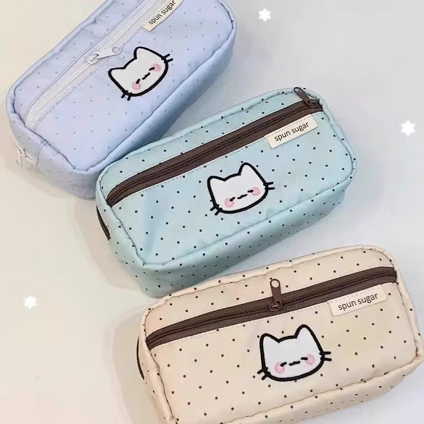日系可爱波点小猫撞色笔袋收纳袋
