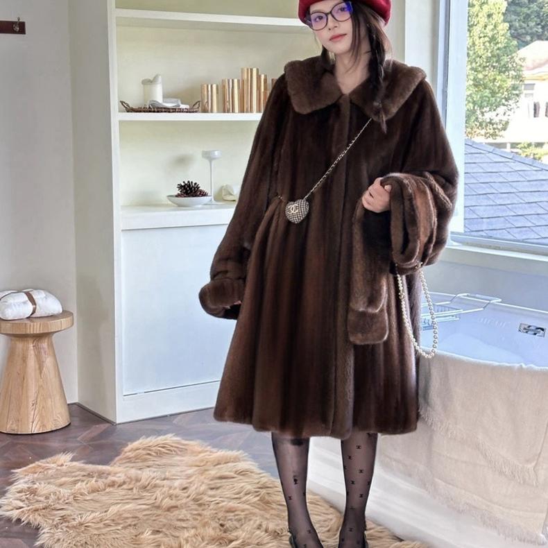 复古娃娃领仿水貂绒南瓜挽袖中长款皮草外套环保毛毛大衣女冬新款