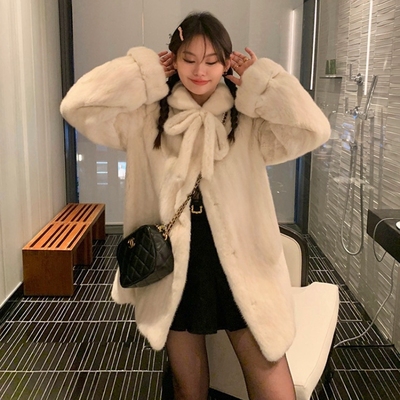 中古蝴蝶结 仿水貂绒中长款挽袖皮草外套环保毛皮毛一体大衣女冬