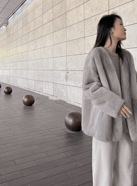 2025冬新款气质仿水貂毛开衫V领皮草外套环保毛毛宽松貂绒大衣女