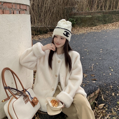 冬季复古气质仿水貂圆领挽袖加厚环保毛皮毛一体皮草外套女小个子