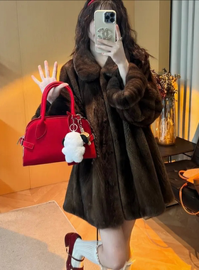 nancy新款中古在逃公主复古仿水貂绒翻领挽袖环保毛皮草外套女冬