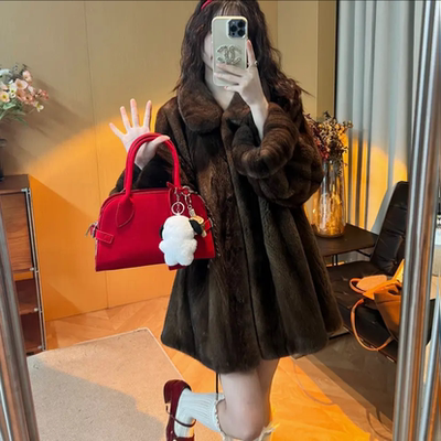 nancy新款中古在逃公主复古仿水貂绒翻领挽袖环保毛皮草外套女冬