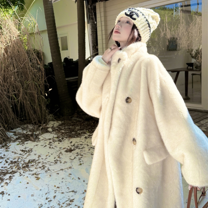 ‘温莎之恋’秋冬加厚立领仿水貂毛宽松长款皮草外套环保毛大衣女