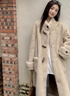 梦想家牛角扣立领仿水貂绒环保毛毛皮草外套皮毛一体长款大衣女冬