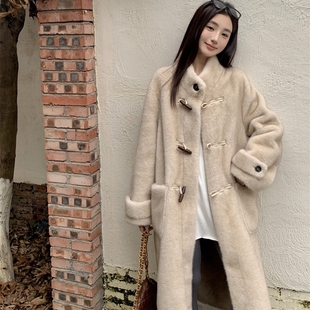 梦想家牛角扣立领仿水貂绒环保毛毛皮草外套皮毛一体长款大衣女冬