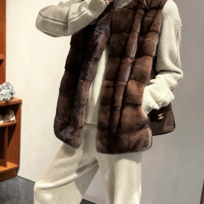 秋冬新款仿水貂毛马甲圆领横排短款环保皮草外套女年轻款