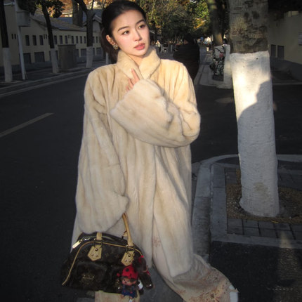 慢调芭蕾复古新款仿水貂翻领中长款宽松皮草外套环保毛毛大衣女冬