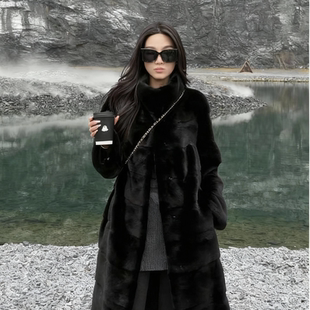 {黑桃-契约}新款宝嘉美黑仿水貂横排立领长款外套环保皮草大衣女