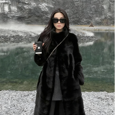 {黑桃-契约}新款宝嘉美黑仿水貂横排立领长款外套环保皮草大衣女