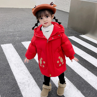儿童羽绒服加厚男宝宝女童2025新款可爱脚印兔子耳朵中长款过膝