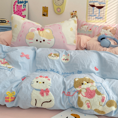 ins绿色可爱小猫咪毛巾绣水洗棉床上四件套非纯棉宿舍床单三件套