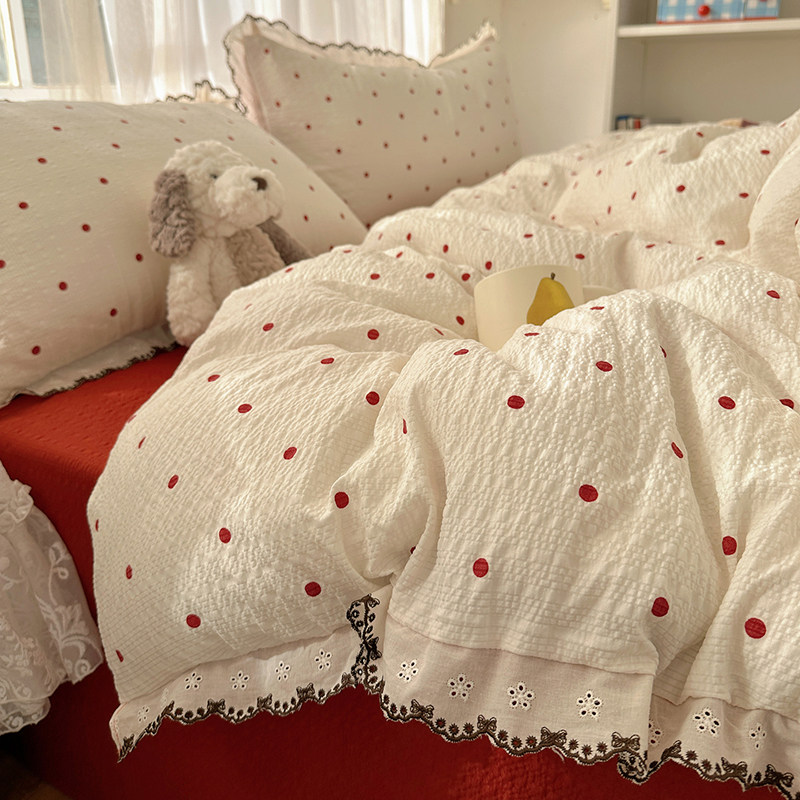 ins少女心红色波点泡芙纱花边床上四件套学生被套宿舍床单三件套