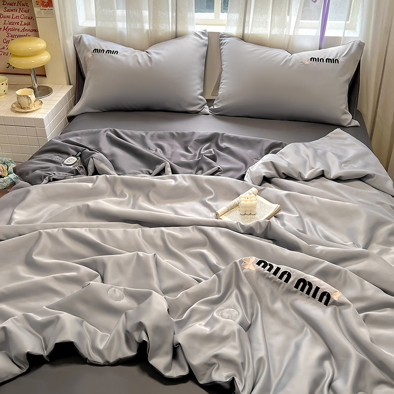 夏季灰色水洗冰丝刺绣夏被床上四件套凉感丝滑床单宿舍床单三件套