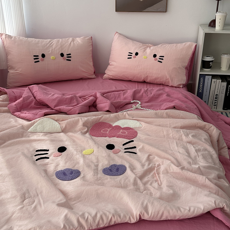 夏季ins粉色少女心猫咪毛巾绣轻薄夏凉被四件套可机洗空调被夏被