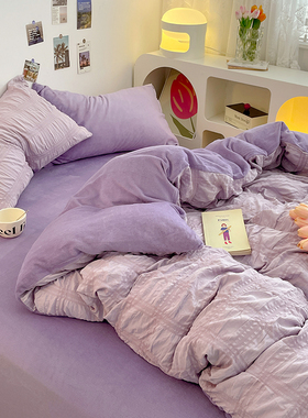 韩式紫色泡泡纱ab面单面珊瑚绒被套牛奶绒四件套单人床单三件套4