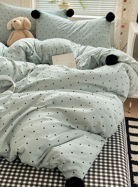 ins风少女心蓝色波点毛球水洗棉四件套非纯棉被套宿舍床单三件套