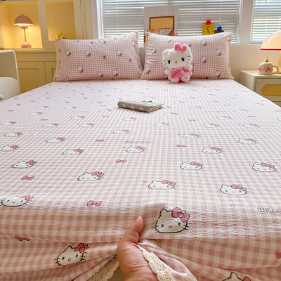 insKT猫咪双层纱水洗棉蕾丝花边床单单件被单单人宿舍枕套三件套