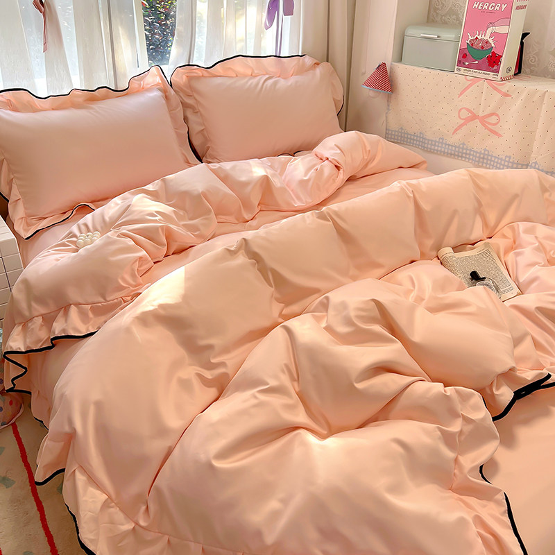 韩式ins少女粉色水洗冰丝花边被套四件套凉感床单宿舍床单三件套