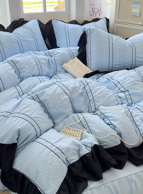 ins风蓝色花边公主风色织水洗棉四件套床裙宿舍被套少女床上用品